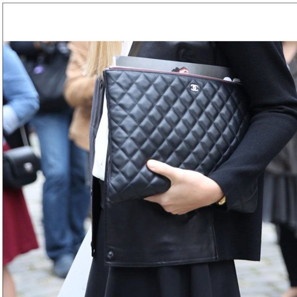 CHANEL Large O Case Clutch Laptop Portfolio in Blue Lambskin
